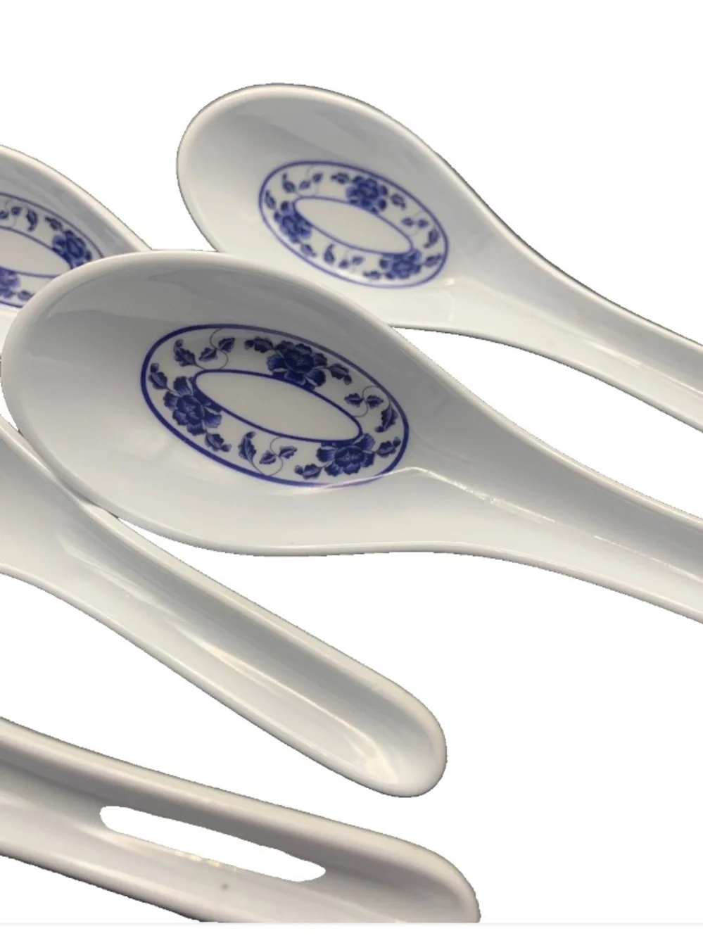 Vintage Japan Chinese Soup Spoons Ladle Blue Lotus Pattern Lot Set of 5 Melamine